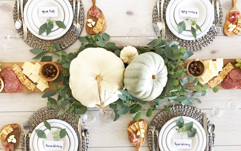 Neutral Thanksgiving Table Decor with farmhouse style and eucalyptus.